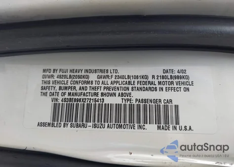 2002 Subaru Outback z USA, uszkodzony, nr VIN 4S3BE896X27215413